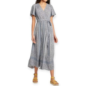 Knox Rose Blue & White  Wrap Tie Waist Style Flowy Dress Flutter Sleeve Women S